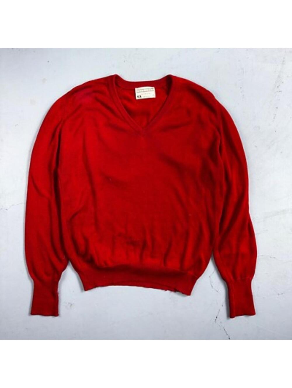 Lord Jeff VTG Medium M Pull Over Sweater Cotton Red USA 1970s 70s V Neck